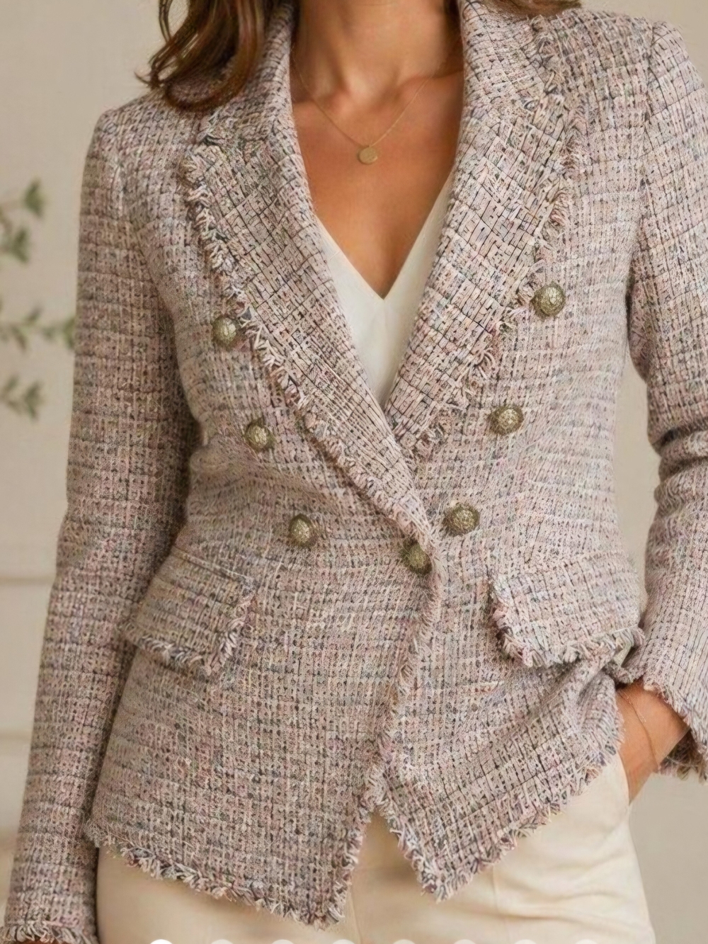 White House Black Market Tweed Studio Blazer Size 4 Fringe Metallic Buttons